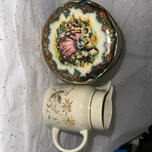 Vintage England tin can and vintage England creamer pitcher